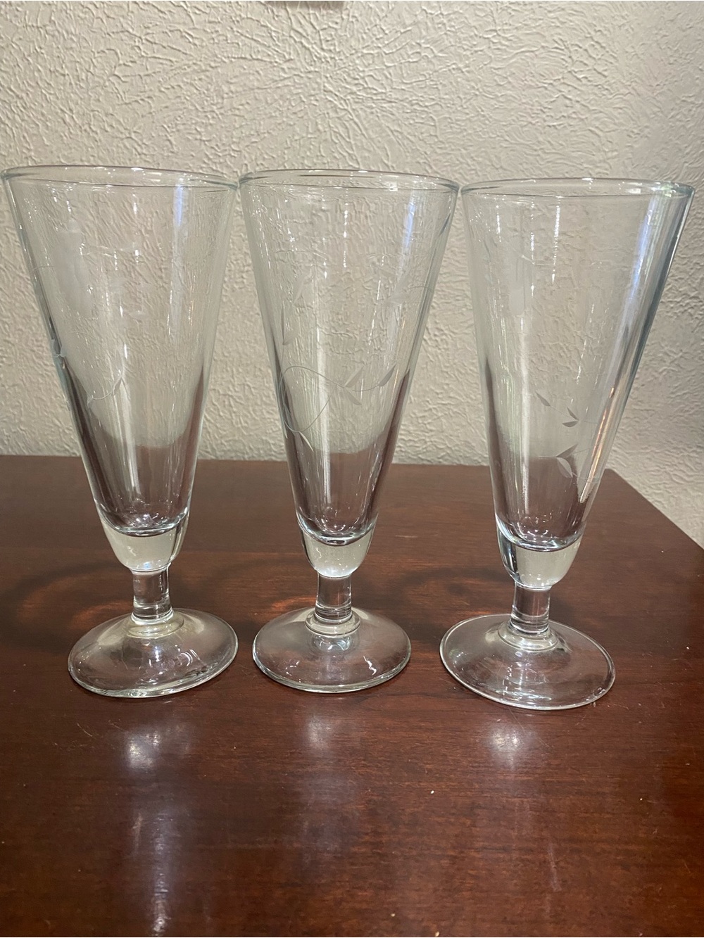 Vintage, Set of 3, Princess House Heritage Crystal Etched Pilsner Glasses